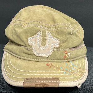 True Religion Women's Distressed Olive Green Adjustable Leather Snap-Back Hat